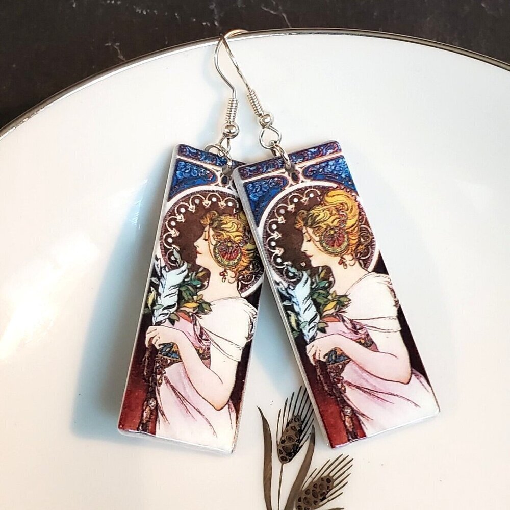 Art Nouveau Alfonse Mucha Painting Lucite Acrylic Rectangle Pendant Earrings